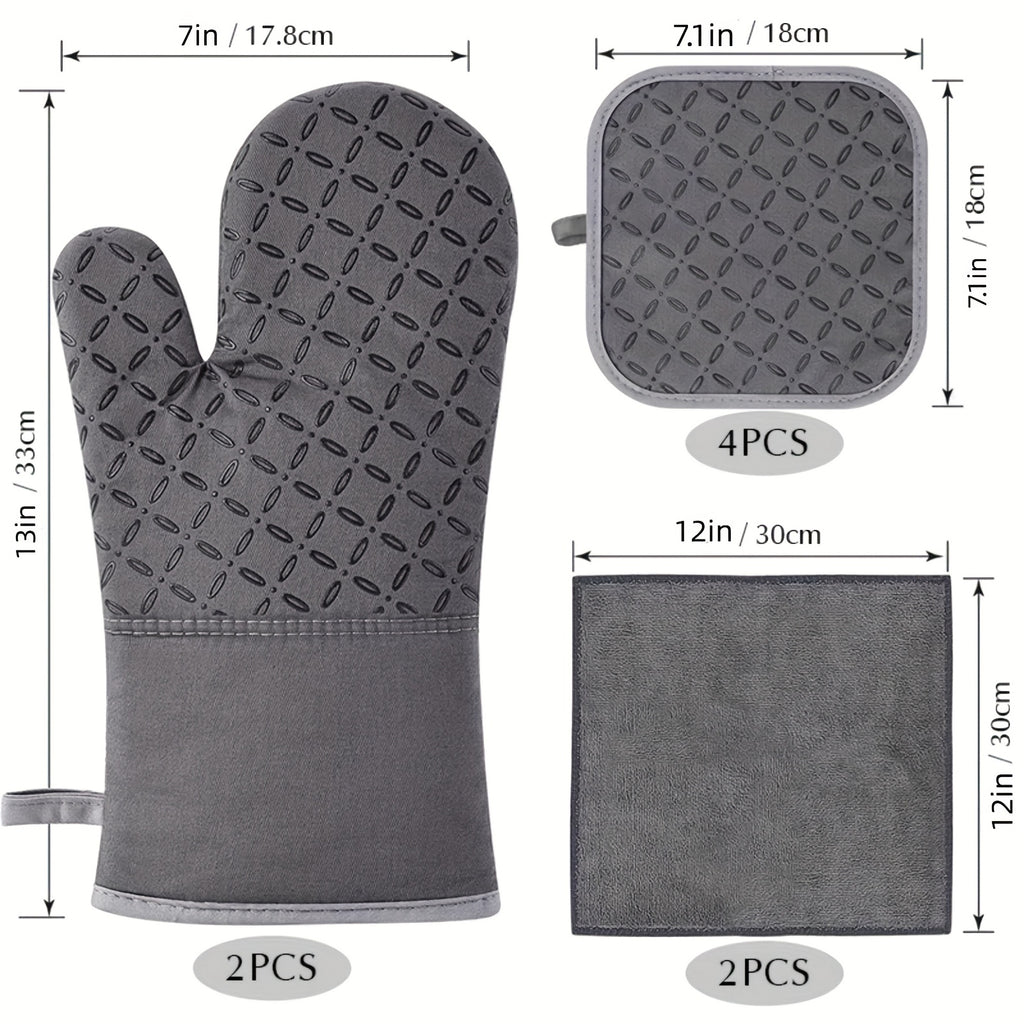 8/4 Set Of Gray Oven Mitts And Pot Holders, Insulated, Extra Long, High Temperature Resistant, Dish Cloth + Pot Holders, Non-slip Silicone Surface, Can Be Used for Cooking, Baking, Grilling Or Outdoor BBQ, Oven Mitts, Must-Have for Mother's Day