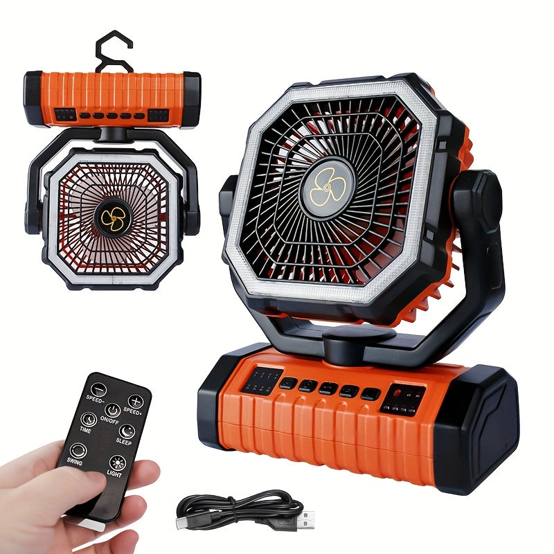 20000Mah Portable LED Camping Fan with Built-In Light, Rechargeable Ventilator, USB Rechargeable Outdoor Cooling Fan for Tents, Hiking, Fishing - Rugged Compact Design, Green And Orange, Hiking Essentials, Sturdy Handle Feature, Camping Additions