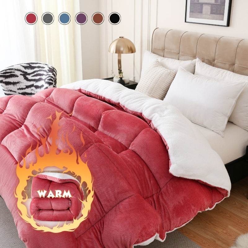 1pc Thick Soft Comforter Plush Flannel Sherpa Comforter, 500g Filling Ultra Breathable All Season Comforter Double-Sided, Box Stitch Solid Color Comforter For Bedroom, Warm For Autumn And Winter Comforter, Gift, Home Decor