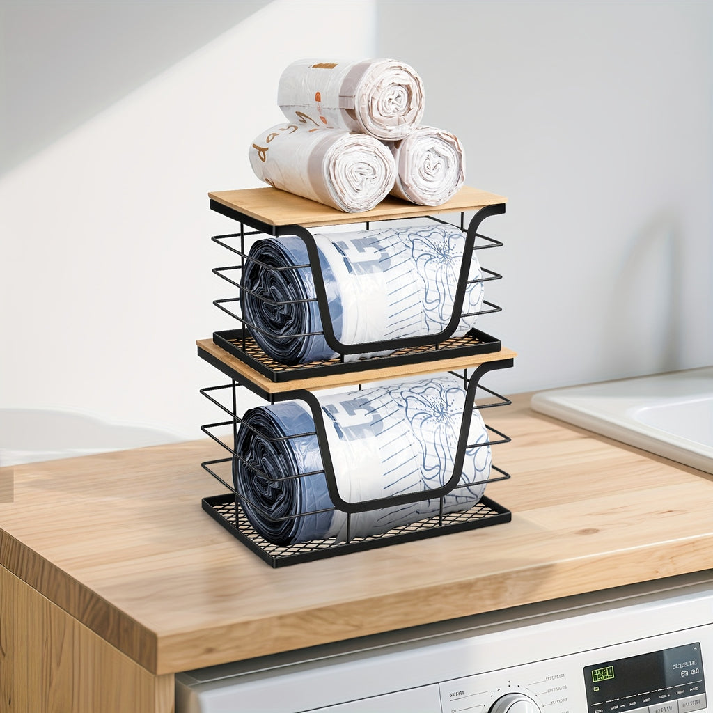 Wetheny Trash Bag Holder with Bamboo Top And Mesh Bottom, Stackable Garbage Bag Dispenser Under Sink, Wall-Mounted Storage for Kitchen Laundry Organizers, Black