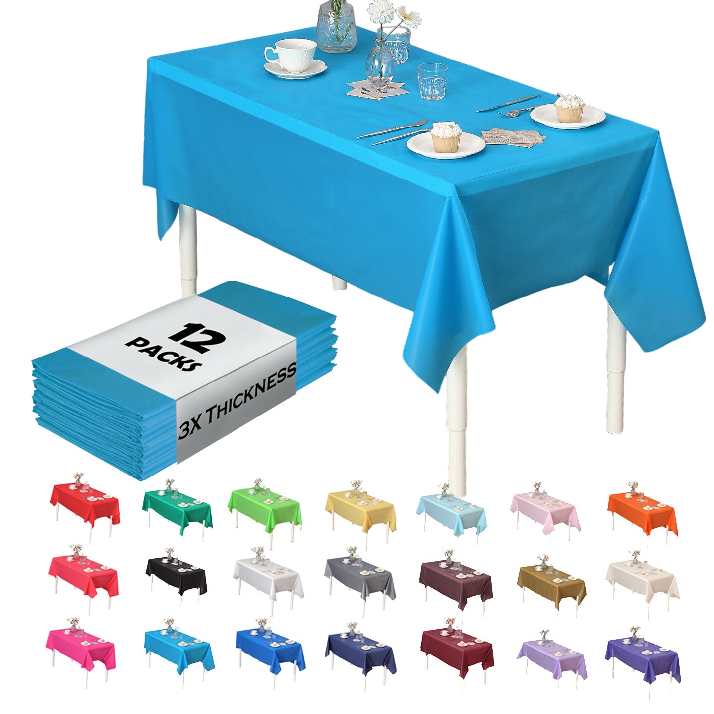 Heavy Duty Premium 12pcs Plastic Tablecloth, Disposable Tablecloth, Plastic Table Cover for Kitchen, Dinning Uses.