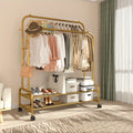 Durable Metal Clothing Rack with Double Rods And Wheels, Featuring Shelves And Hooks, Designed for Heavy-Duty Use to Hang Garments, Versatile Closet Solution for Bedrooms, in Black