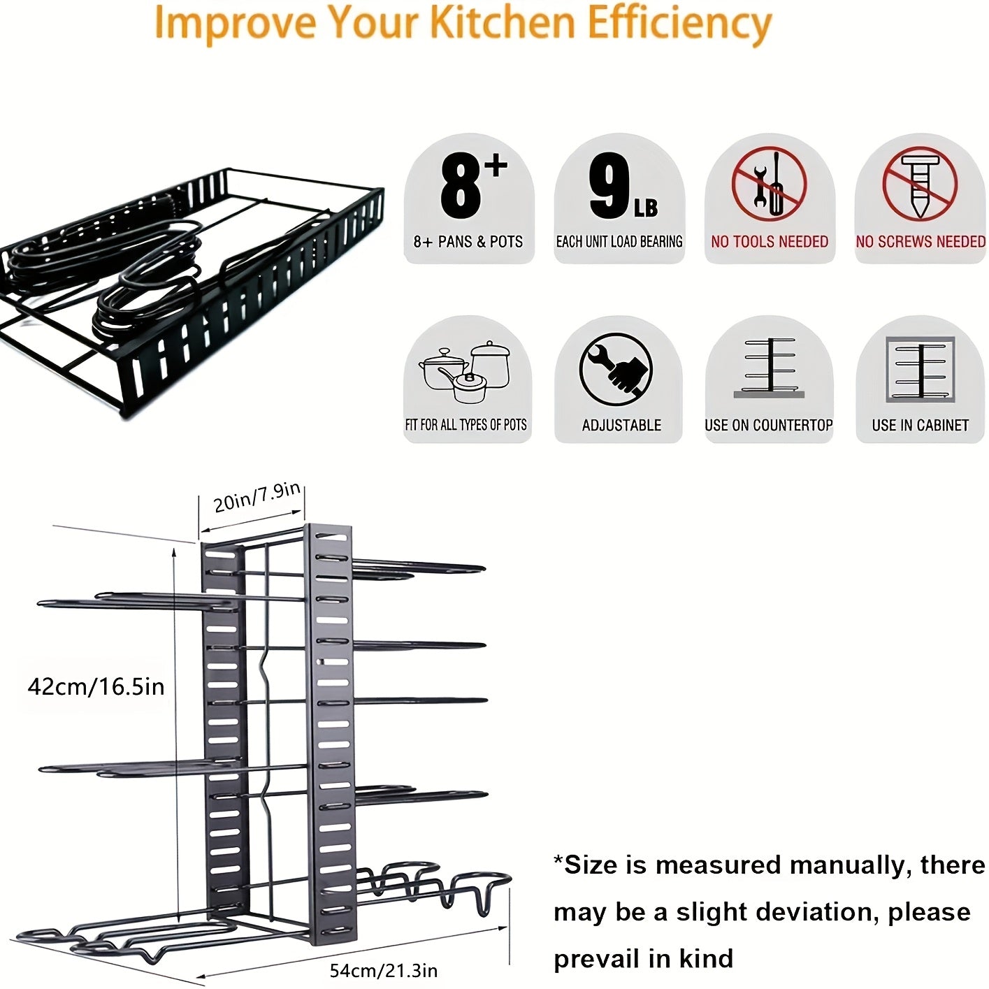 8-Tier Pot And Pan Organizer with Lid Rack, for Kitchen Cabinet Storage of Cookware And Utensils