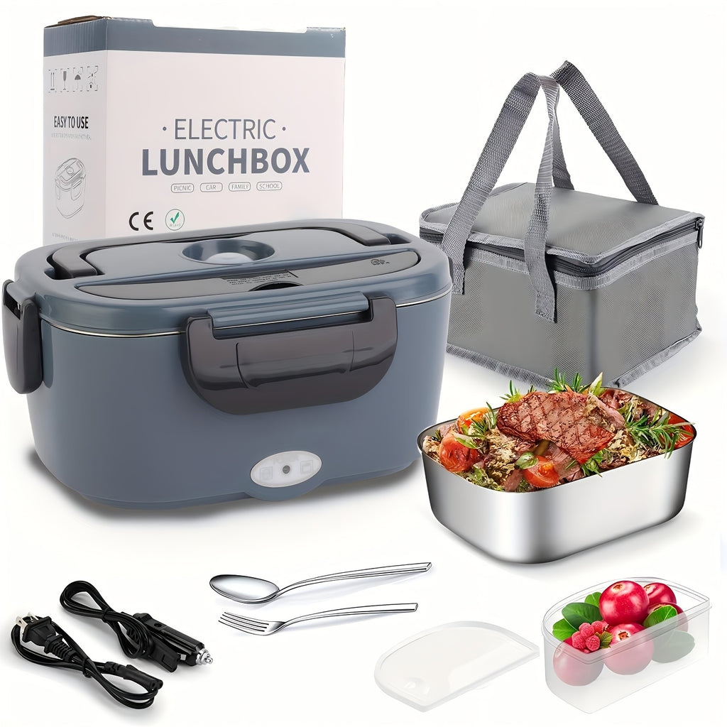 Electric Lunch Box Food Warmer 50.72oz Portable Heated Meal Container 120V Home 12V 24V Car Stainless Steel with Fork Insulated Bag Truck Drivers Office Travel