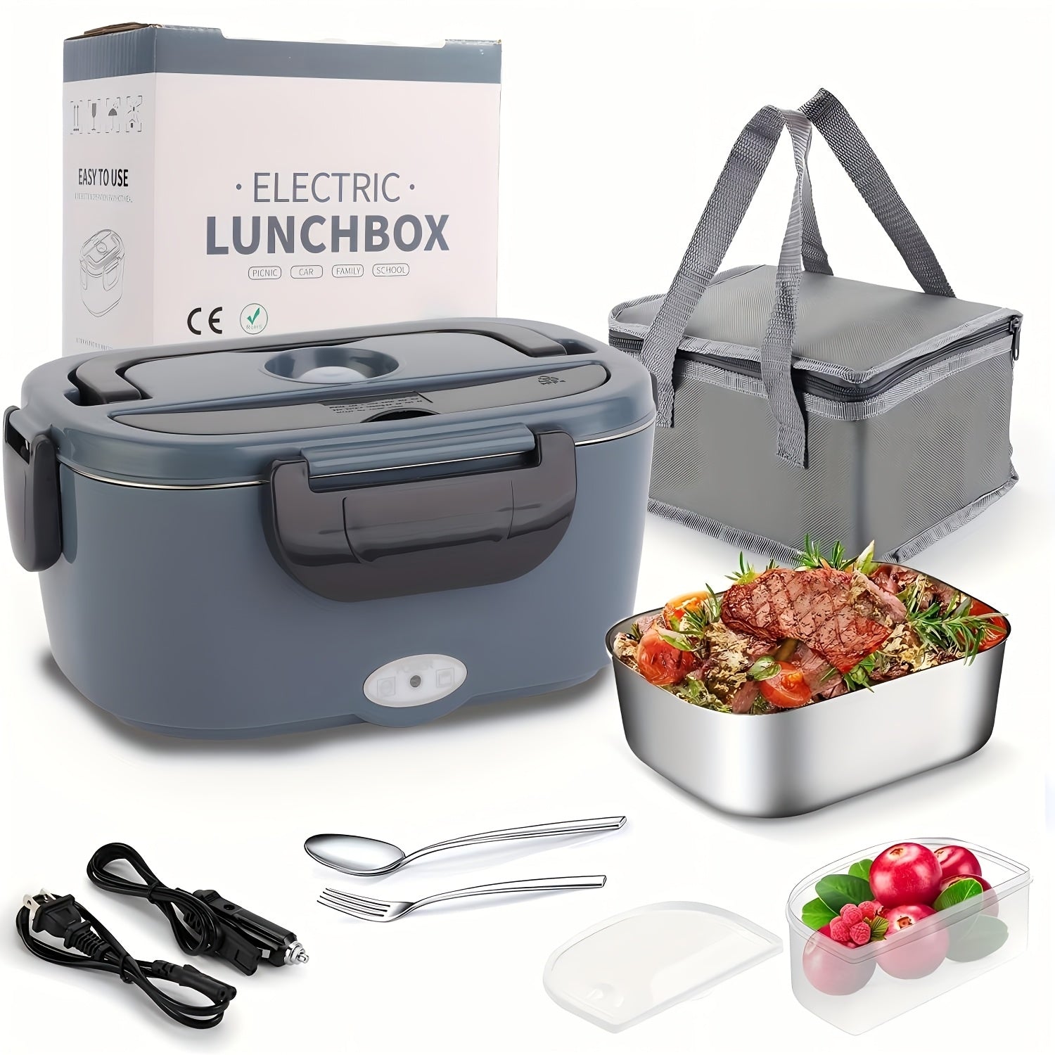 Electric Lunch Box Food Warmer 50.72oz Portable Heated Meal Container 120V Home 12V 24V Car Stainless Steel with Fork Insulated Bag Truck Drivers Office Travel