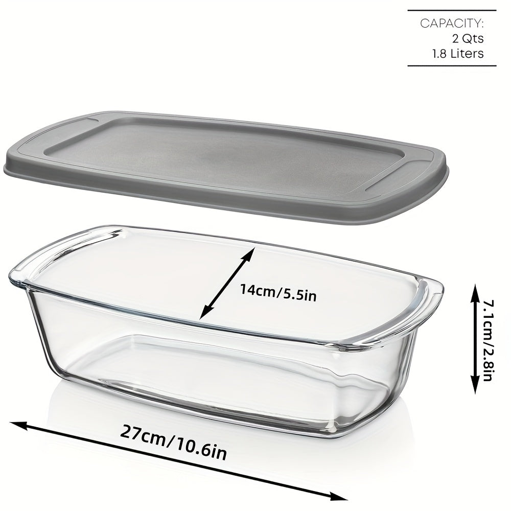 Single/Double Pack Bread Baking Pan, Large Capacity Glass Baking Dish with Lid, 60.87oz/1.9Qt Kitchen Baking Supplies, with Handle for Easy Carrying, Stackable, Microwave & Oven Safe, for Baking Bread, Cakes, Sealable Storage Container, Loaf Pan