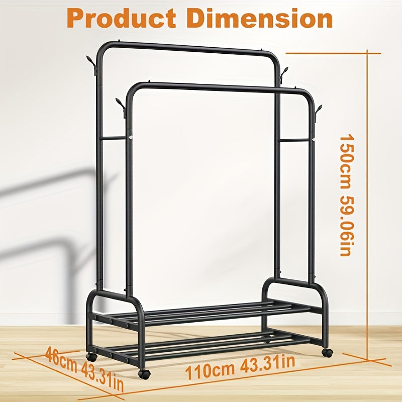 Durable Metal Clothing Rack with Double Rods And Wheels, Featuring Shelves And Hooks, Designed for Heavy-Duty Use to Hang Garments, Versatile Closet Solution for Bedrooms, in Black
