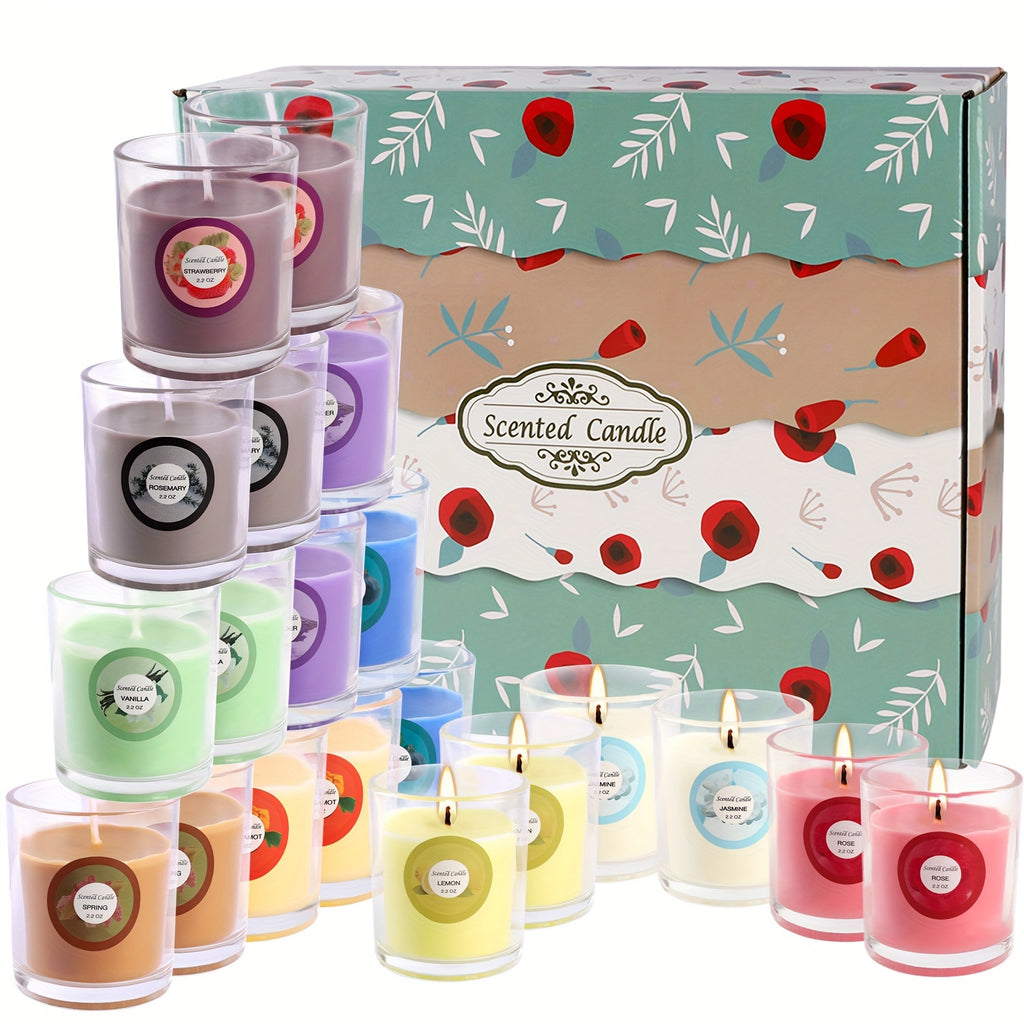 20 Pack Strong Scented Soy Wax Candles in Glass Jars - 10 Aromas (Lavender, Vanilla, Jasmine) with Decorative Dried Flower Labels, Individually Wrapped Gift Set for, Birthdays, Christmas, Valentine’s Day, Weddings & Decor (Rain