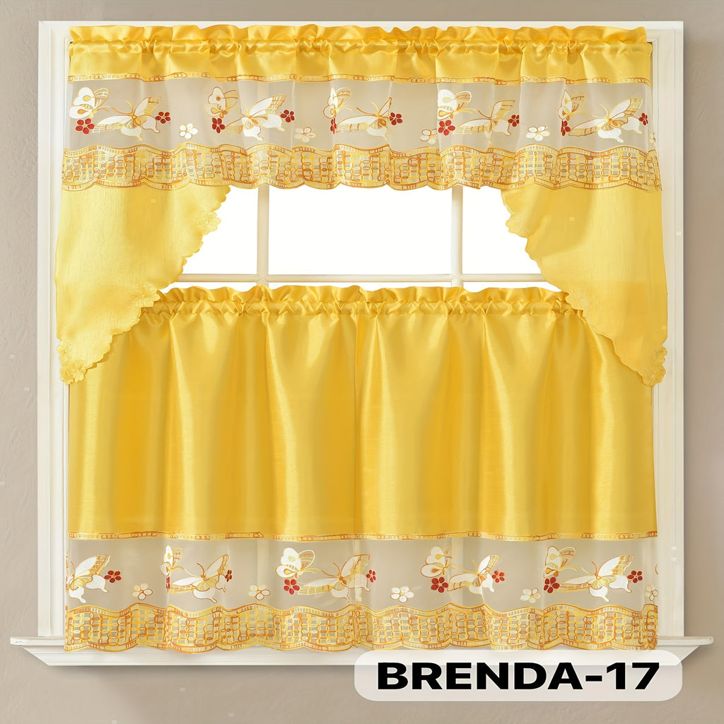 3pcs Embroidery Kitchen Curtains Set Flowers Embroidery Satin Fabric Faux Lightweight Soft Easy Care Machine Washable 49 Design Styles Available Holiday Gifts for Family Local Warehouse All Season Use Summer