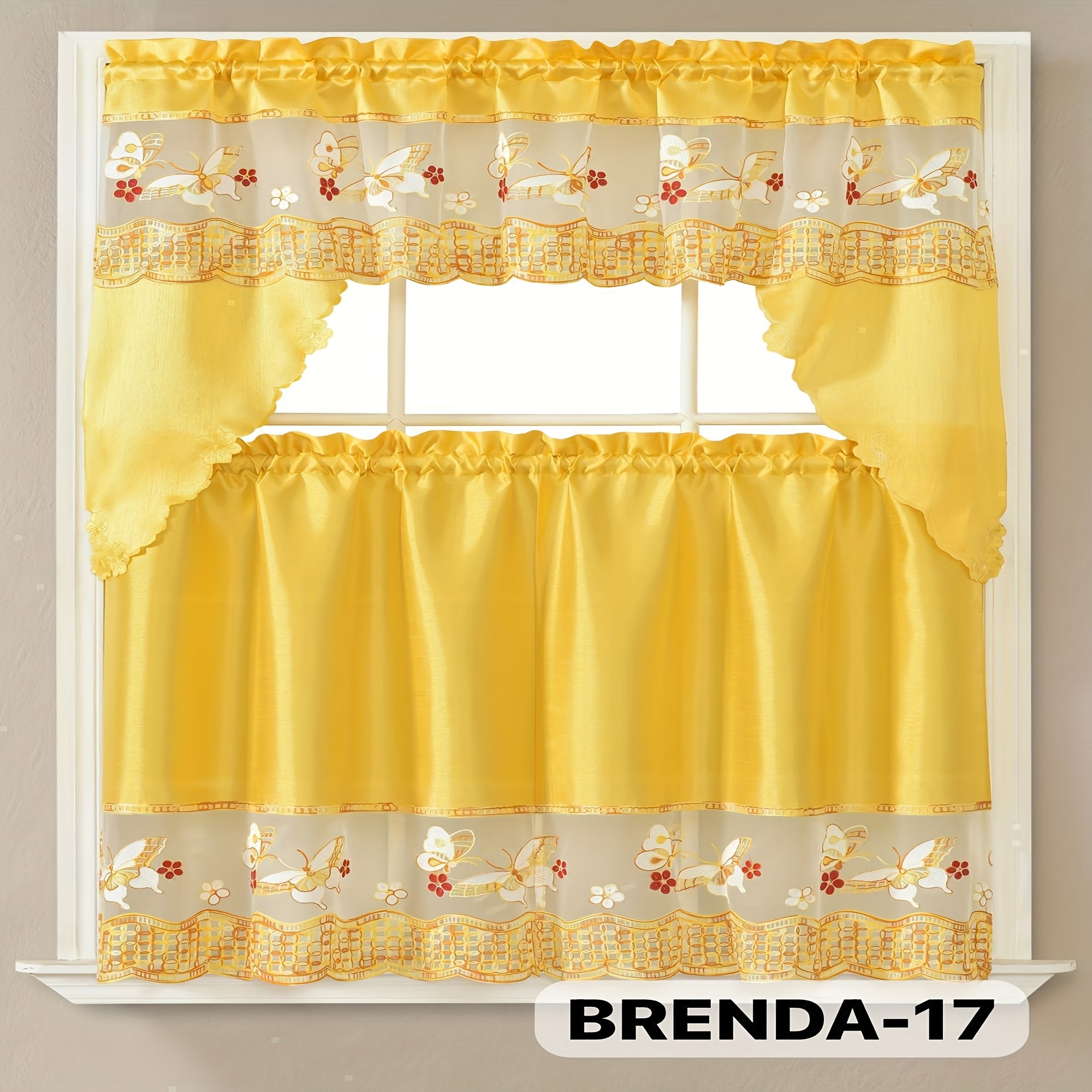 3pcs Embroidery Kitchen Curtains Set Flowers Embroidery Satin Fabric Faux Lightweight Soft Easy Care Machine Washable 49 Design Styles Available Holiday Gifts for Family Local Warehouse All Season Use Summer