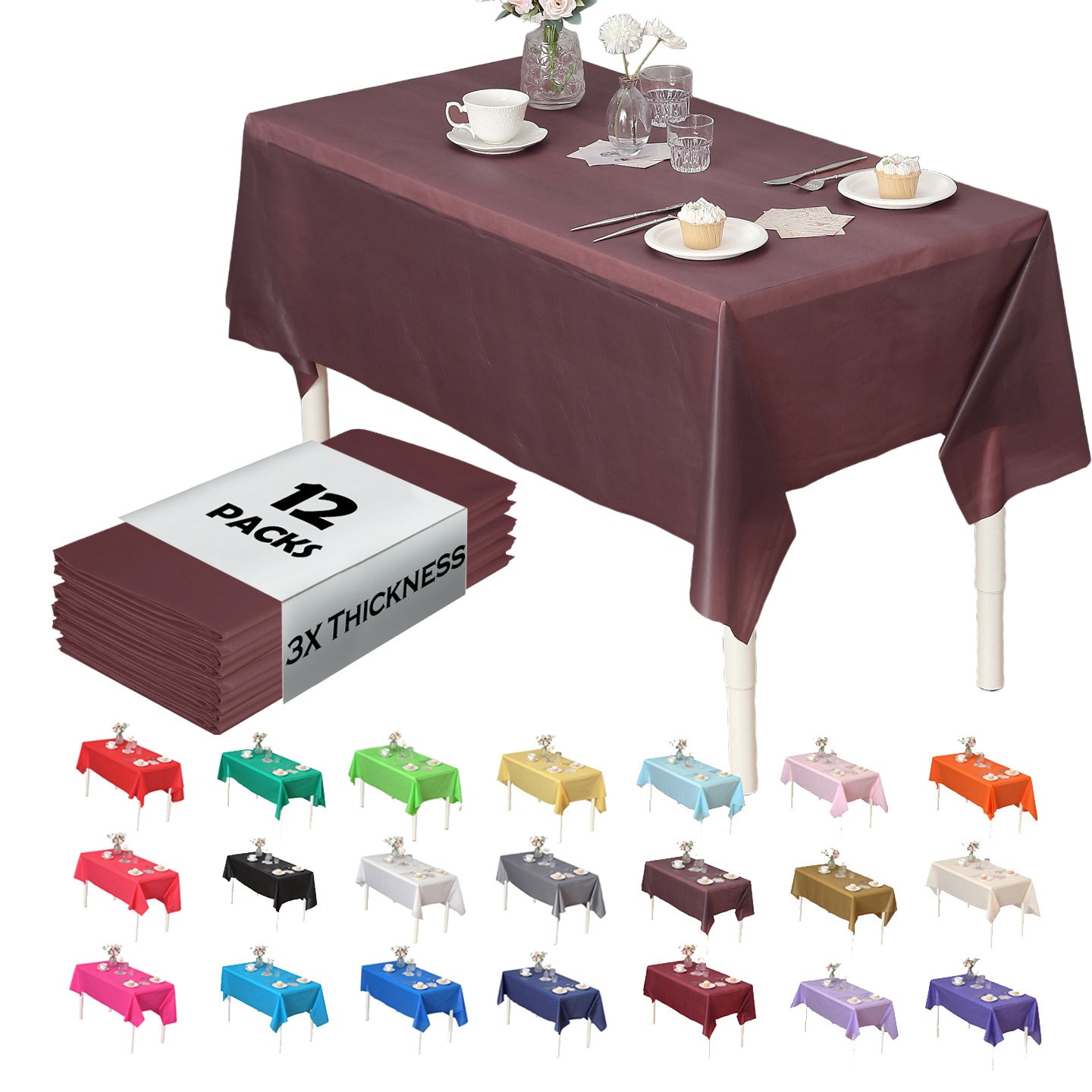 Heavy Duty Premium 12pcs Plastic Tablecloth, Disposable Tablecloth, Plastic Table Cover for Kitchen, Dinning Uses.