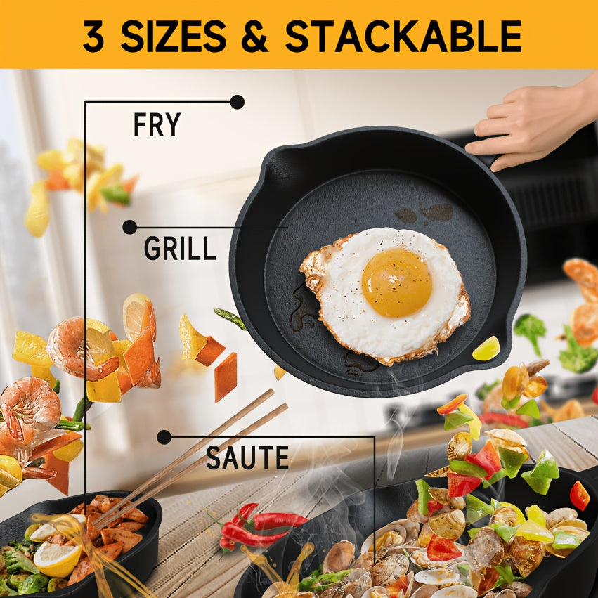 Cast Iron Skillet 3pcs Set, Heavy-Duty Pre-Seasoned Cookware For Superior Heat Retention, Multi-Functional With Ergonomic Handles, 6 Inch 8 Inch 10 Inch Frying Pans For Indoor And Outdoor Cooking