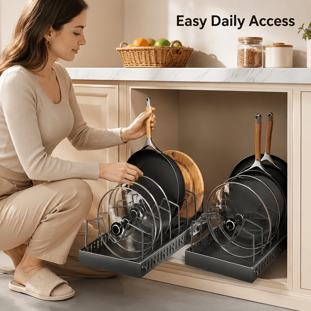Under Pull-Out Pot And Pan Storage Cabinets, Sliding Lid Rack And Kitchen Pan Rack, Slide-Out Cabinet Storage Cabinet for Pot Lids, Baking Trays, Utensils, 8 Adjustable Dividers, Kitchen Organizers And Storage