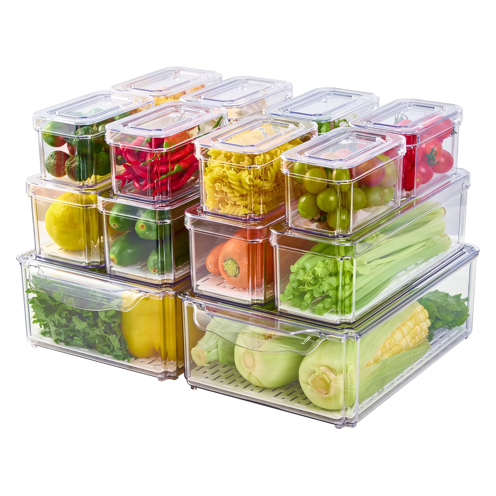 14 Pack Fridge Organizer, Stackable Refrigerator Organizer Bins with Lids, Fridge Organizers And Storage Containers for Fruit, Vegetable, Food, Drinks, Cereals, Clear