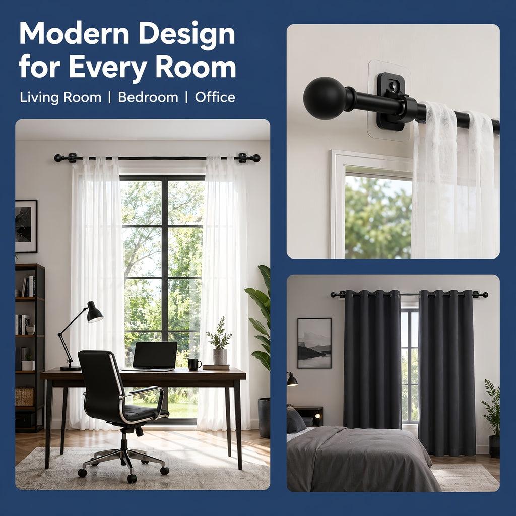 Curtain Rods No Drilling for Windows, 5/8 Inch Diameter Drapey Pole with No Drill Curtain Rod Brackets (2pcs Black)