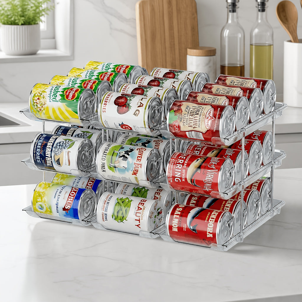 Pantry Can Storage Rack - Holds 36 Cans (3 Tiers/3pcs), Auto-Rolling Stackable Can Storage Rack - Transparent PET Material, Suitable for Soda, Soup, Vegetable Cans - Kitchen, Garage, Dorm Closet Organizer - Tool-Free Easy Assembly.
