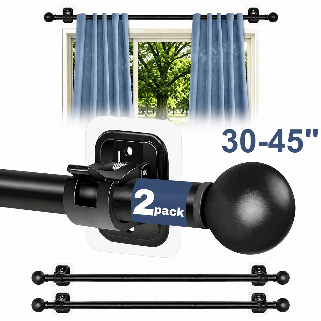 Curtain Rods No Drilling for Windows, 5/8 Inch Diameter Drapey Pole with No Drill Curtain Rod Brackets (2pcs Black)