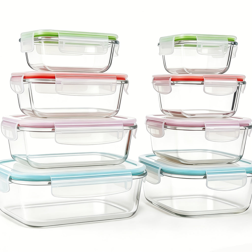16pcs Glass Food Storage Set-perfect For Meal Prep And Kitchen Organization. Leak-proof, Airtight Glass Lunch Boxes (8 Containers + 8 Lids) Suitable For Use In The Microwave, Oven, Refrigerator, And Dishwasher. Ideal For Office Lunches.