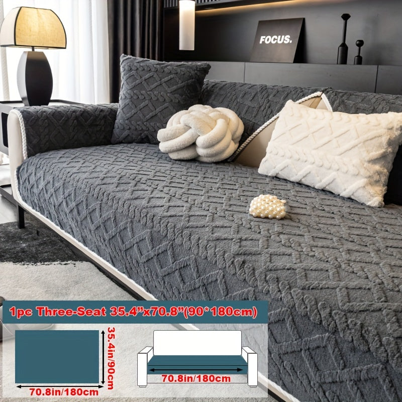 1pc Plush Sofa Mat, Polyester Shu Velveteen Jacquard Knit Fabric Couch Cover, 200-250 g/㎡, Separate Seating Modern Style, Machine Washable Anti-Slip Protection, for Bedroom Office Living Room Home Decoration