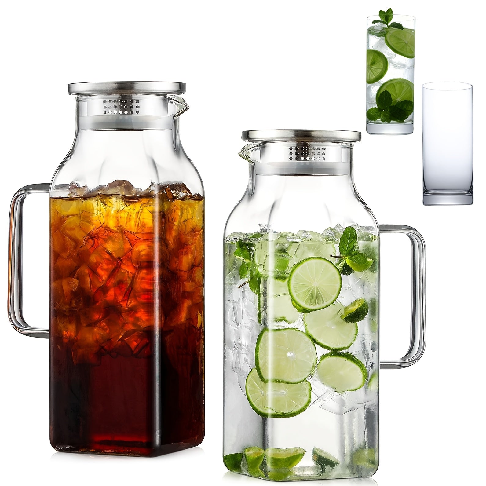 1/2 Pack 2 Liters/68 Oz Square Glass Pitcher With Lid And Handle For Fridge, Iced Tea And Coffee Carafe Beverage Serveware, Heat Resistant Borosilicate Water Jug For Hot/Cold Drinks And Milk