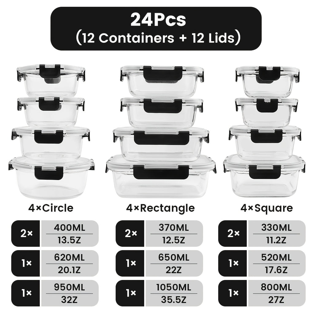 24pcs Glass Food Storage Containers with Lids, Meal Prep, Pantry Kitchen Storage Containers for Lunch, Leak Proof, Airtight Glass Lunch Bento Boxes for Microwave, Oven, Freezer And Dishwashe(12Lids+12Containers)