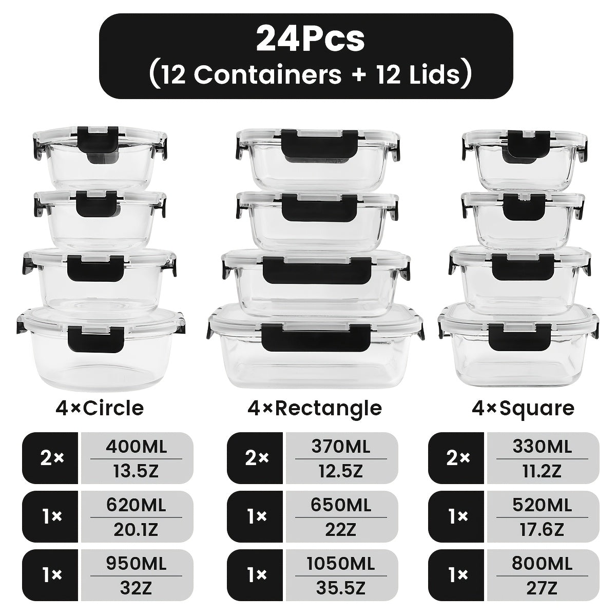 24pcs Glass Food Storage Containers with Lids, Meal Prep, Pantry Kitchen Storage Containers for Lunch, Leak Proof, Airtight Glass Lunch Bento Boxes for Microwave, Oven, Freezer And Dishwashe(12Lids+12Containers)