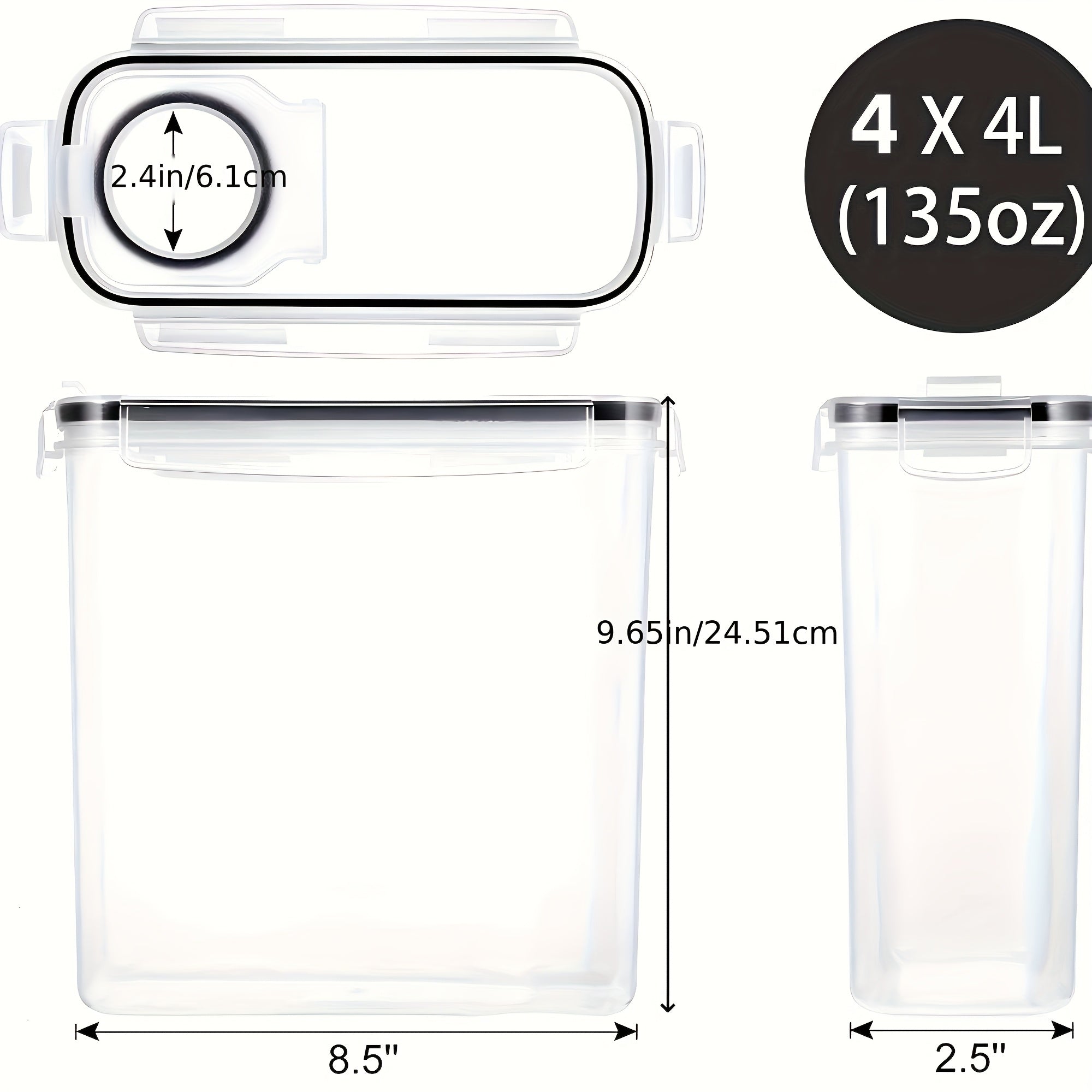 4 Pack (4L/135oz) Extra Large Airtight Storage Containers | BPA-Free Plastic, Clip-on Closure, Square Shape, Dishwasher Safe, Ideal for Grain, Nuts, Rice Storage, Kitchen Organizers, Christmas Gift