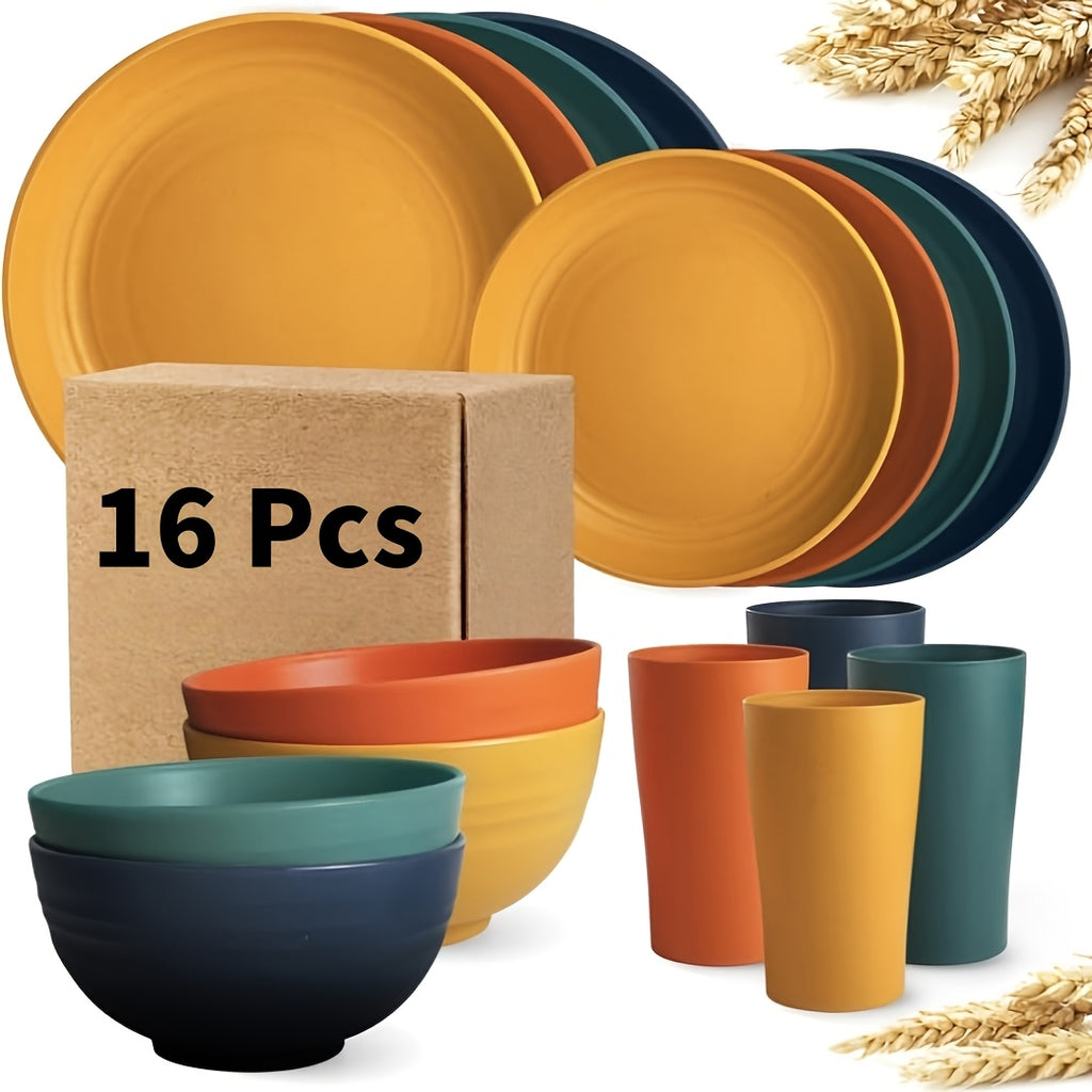 16pcs/32pcs Kitchen Wheat Straw Large Size Dinnerware Set, for 4/8, Unbreakable Modern Dish Set Dinner Plate/Dessert Plate/Cereal Bowl/Cup, Dishwasher Safe, Lightweight Tableware, Camping And Everyday Use, Gifts for Men/Women/Christmas/Halloween