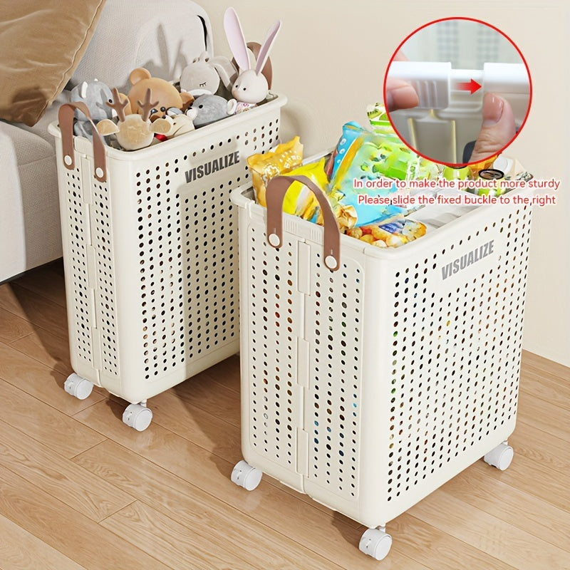 Extra Large Foldable Laundry Basket With Wheels, Breathable Plastic Rolling Laundry Hamper With Faux Leather Handles, Space-Saving Clothes Storage Bin For Bathroom & Bedroom, Laundry Baskets