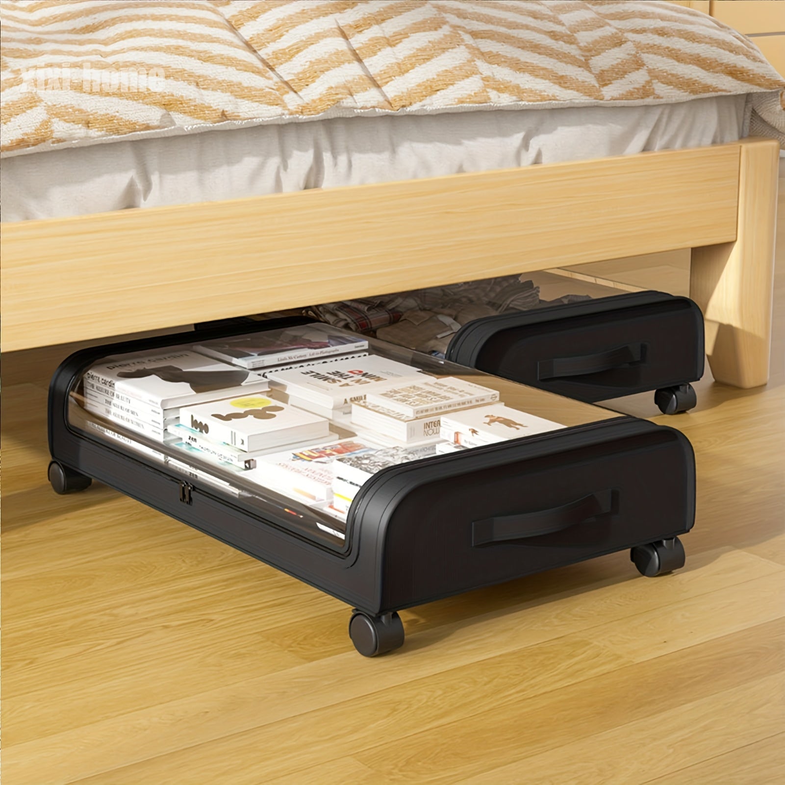 Underbed Storage with Wheels, 2-Pack XXL Large 18.49gal Underbed Storage Containers, Under Bed Organizer for Bedroom Dorm, Under Bed Rolling Storage for Clothes, Bedding, Shoes, Blankets, Books, Under-Bed Storage Organizer for Bedroom Dorm