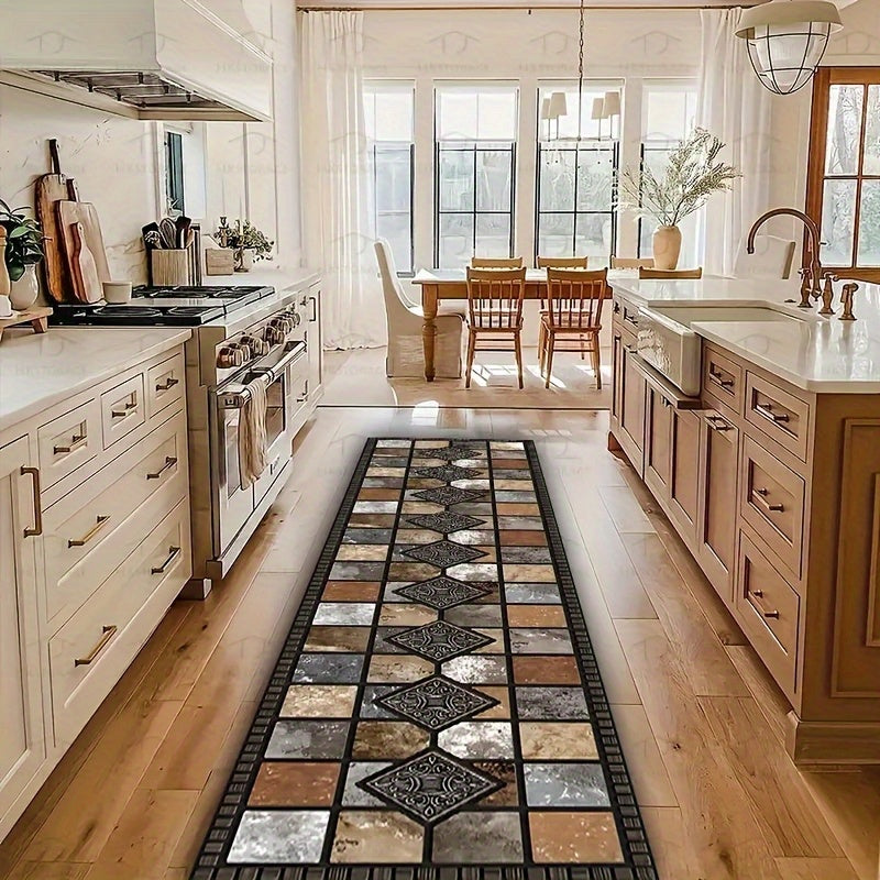1pc Luxury Crystal Velvet Non-Slip Kitchen Pad-White, Beige And Brown Elegant Marble Pattern, Machine Washable Polyester Mat, Suitable for Kitchen, Bathroom, Bedroom And Corridor Decoration, Kitchen Carpet
