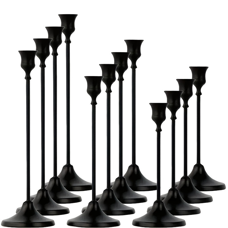 12pcs Single-Head Black Metal Candlesticks, Ideal for Christmas & Halloween Tabletop Decoration, Candlelight Dinner Photo Props, Wedding Anniversary & Wedding Venue Setup, Home & Hotel Ornamentation, And Birthday Gifts. Perfect As Centerpieces for