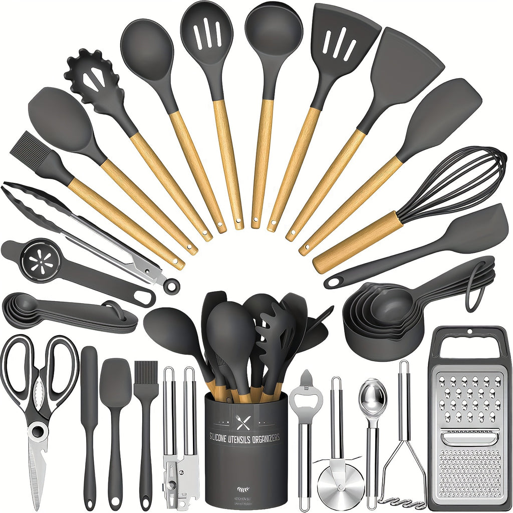 Kitchen Utensils Set- 34pcs Silicone Cooking Utensils with Holder, Heat Resistant Kitchen Utensil Spatula Set for Nonstick Cookware, Black Wooden Handles Kitchen Gadgets Tools Set Father Gift