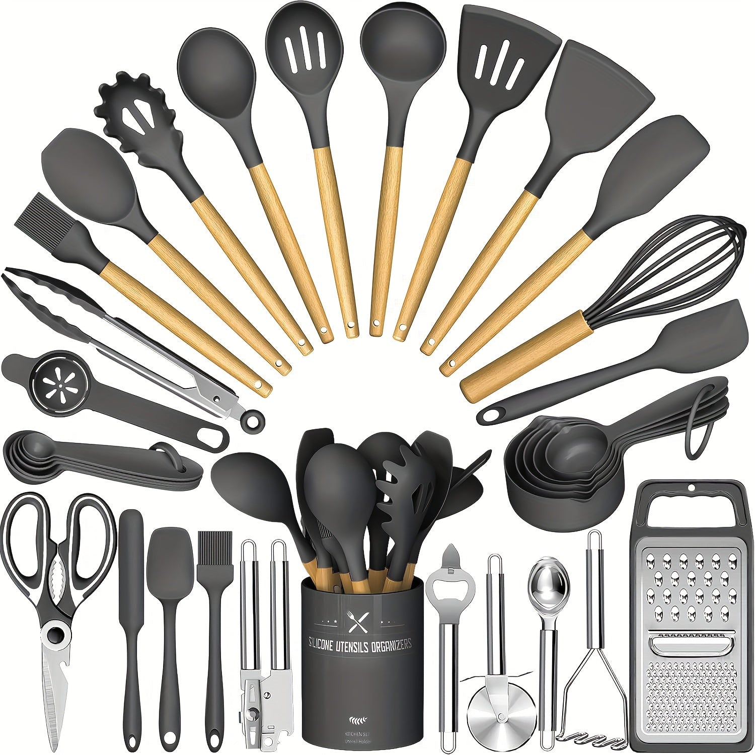 Kitchen Utensils Set- 34pcs Silicone Cooking Utensils with Holder, Heat Resistant Kitchen Utensil Spatula Set for Nonstick Cookware, Black Wooden Handles Kitchen Gadgets Tools Set Father Gift