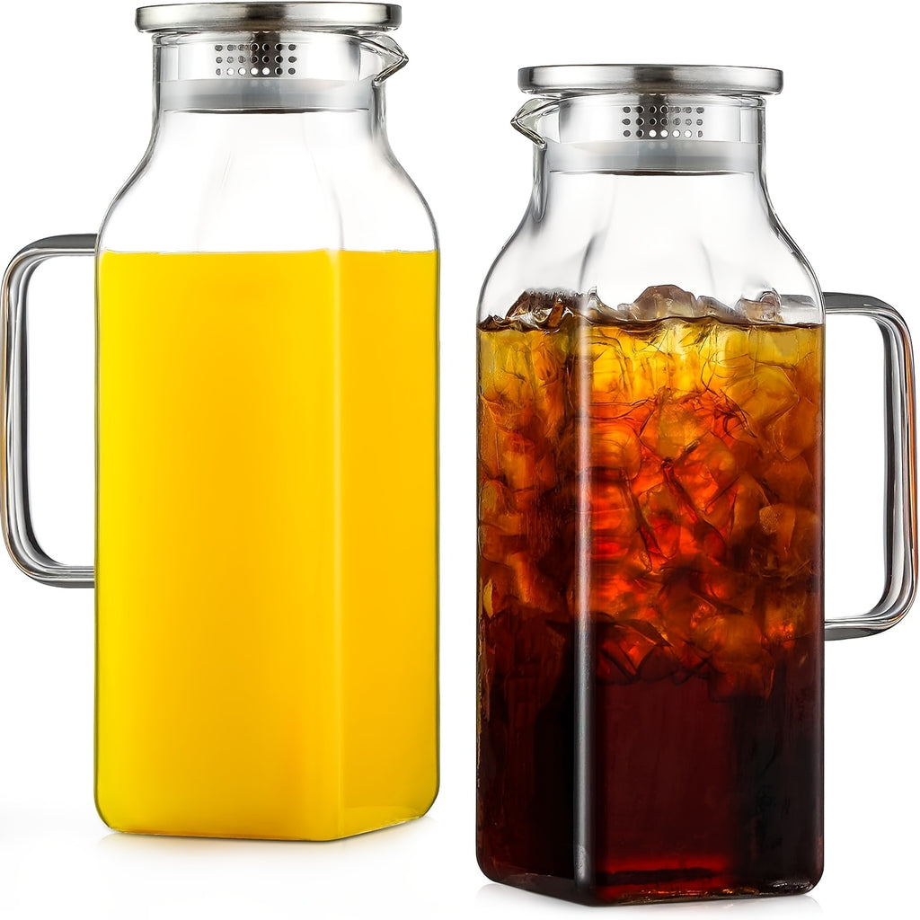 1/2 Pack 2 Liters/68 Oz Square Glass Pitcher With Lid And Handle For Fridge, Iced Tea And Coffee Carafe Beverage Serveware, Heat Resistant Borosilicate Water Jug For Hot/Cold Drinks And Milk