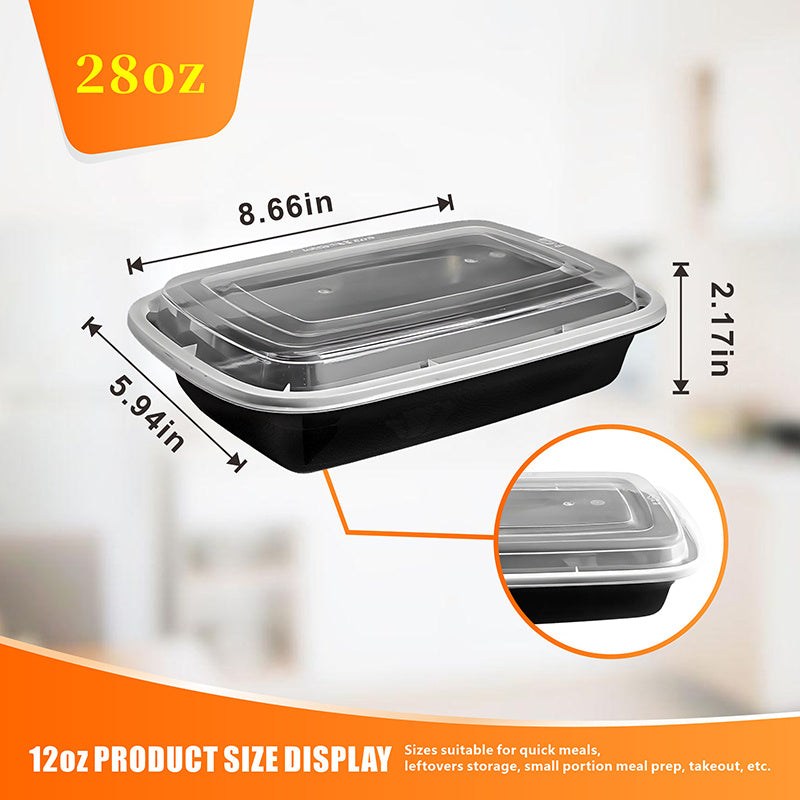 100pcs (50 Containers & 50 Lids) Black Rectangular Meal Prep Containers 28oz - Stackable & Leakproof Food Storage Container Set, Disposable Bento Box - Ideal for Food Trucks, Home Leftovers, Work Lunches, Takeout, Meal Prep & Party Catering - Microwave/Di