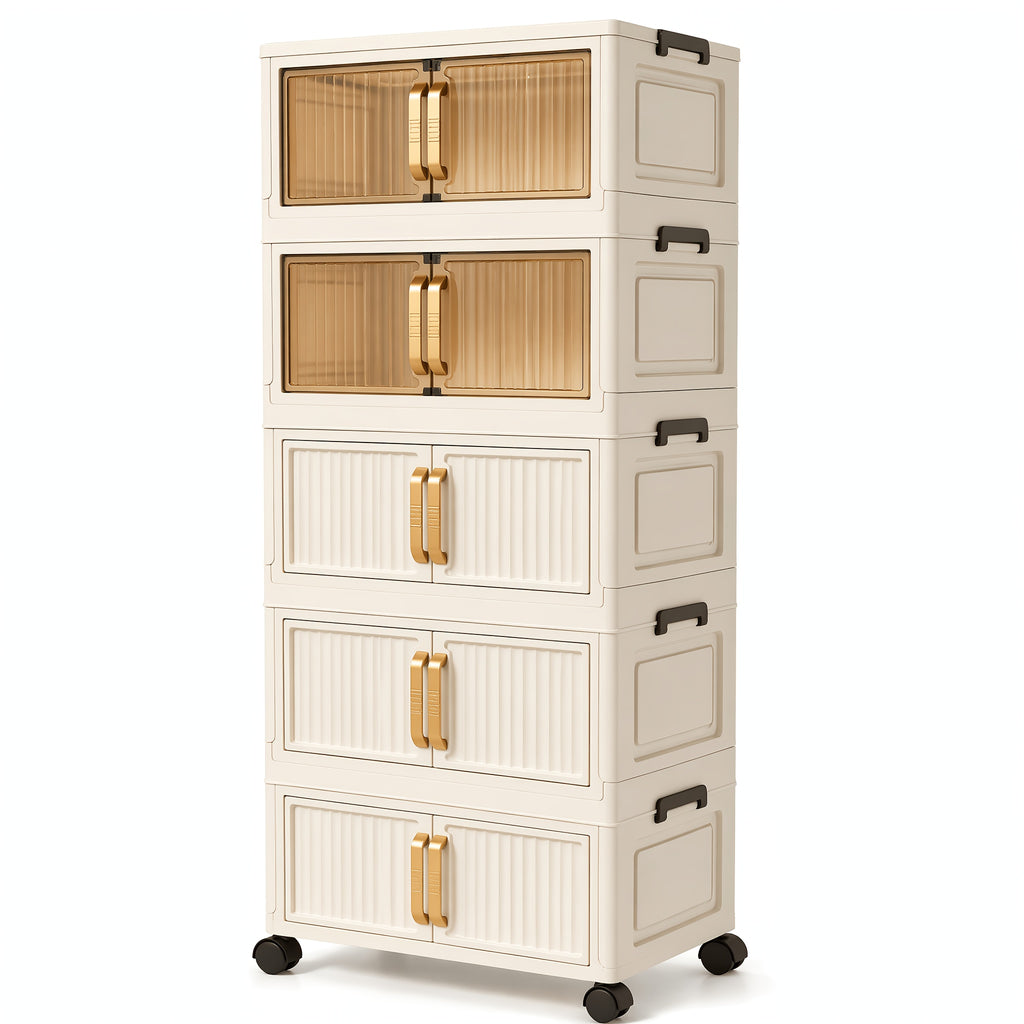 Large Capacity 19-inch Wide Multi-functional 3/5-layer Folding Storage Organizer with Wheels - Magnetic Double Door Design Suitable for Kitchen Storage Of Clothes,, Books, Etc. - Perfect Storage for Living Room, Bedroom, And Office - Storage Box