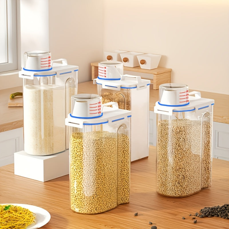 4pcs Large-Capacity Transparent PP Plastic Food Storage Canisters with Built-In Measuring Cups & Scale Markings, Flip-Top Lid Suitable for Rice, Grains, Flour, Dog Food - Moistureproof & Insectproof Kitchen Pantry Containers for Pantry Organization