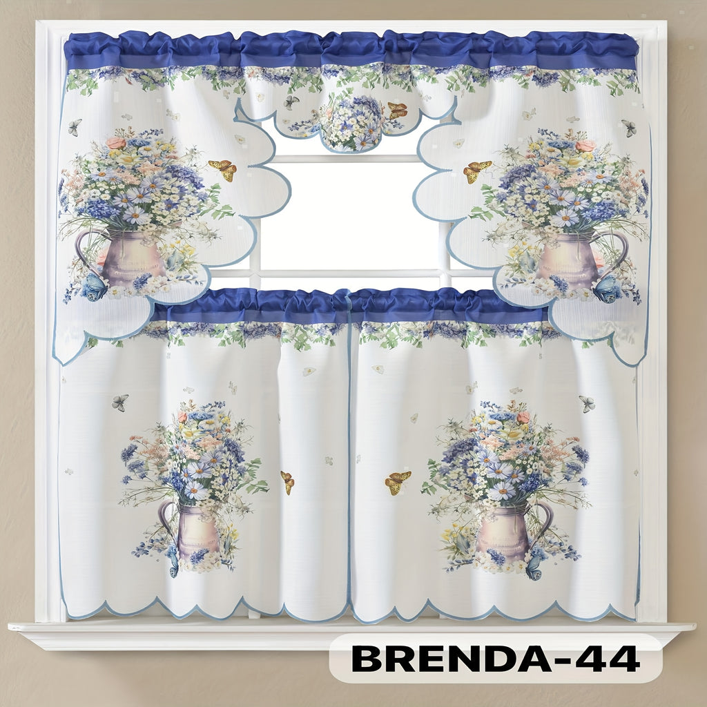 3pcs Embroidery Kitchen Curtains Set Flowers Embroidery Satin Fabric Faux Lightweight Soft Easy Care Machine Washable 49 Design Styles Available Holiday Gifts for Family Local Warehouse All Season Use Summer
