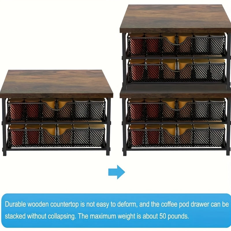 K Cup Storage Drawer, Metal Coffee Pod Holder, Sliding Basket Capsule Storage Box for Counter, Brown
