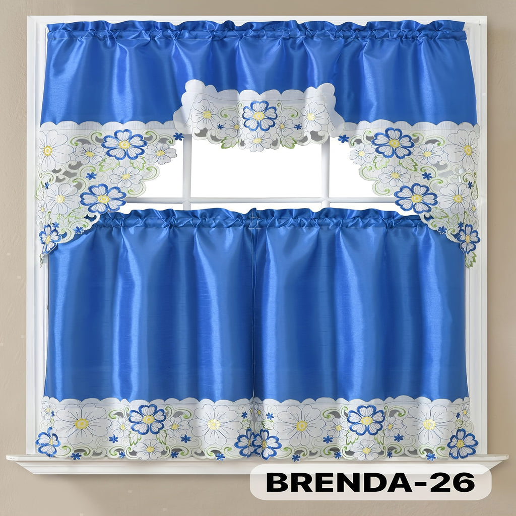 3pcs Embroidery Kitchen Curtains Set Flowers Embroidery Satin Fabric Faux Lightweight Soft Easy Care Machine Washable 49 Design Styles Available Holiday Gifts for Family Local Warehouse All Season Use Summer