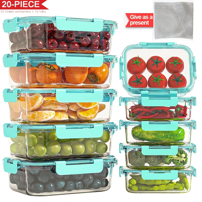 Stackable 20pcs Glass Food Container (10 Lids + 10 Containers) - Multi-purpose Meal Prep And Pantry. with Airtight Lids, Oven, Microwave, Refrigerator And Dishwasher Safe. Durable, Space-saving Design Improves Heating Efficiency And Organization.