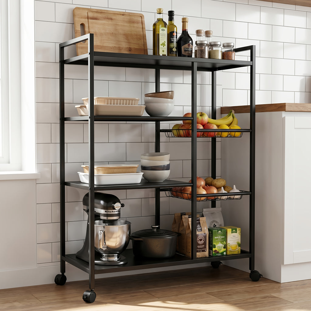 1pc Movable Storage Rack, Adjustable Kitchen Shelf with Baskets, Kitchen Organizer And Storage, Metal Shelf Rack with Wheels, Suitable for Garage, Pantry, Bathroom, Closet, Warm House Gift, New Home, Standing Shelf, Utility Racks