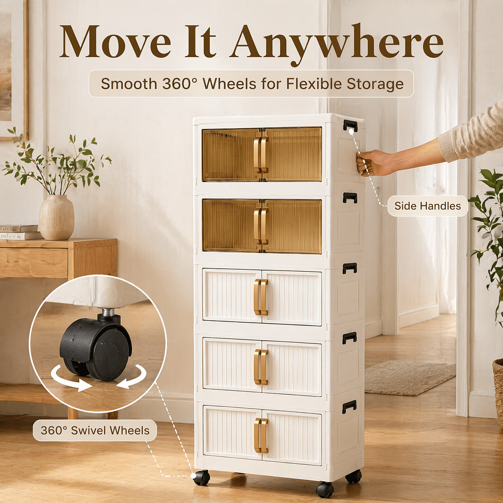 Large Capacity 19-inch Wide Multi-functional 3/5-layer Folding Storage Organizer with Wheels - Magnetic Double Door Design Suitable for Kitchen Storage Of Clothes,, Books, Etc. - Perfect Storage for Living Room, Bedroom, And Office - Storage Box