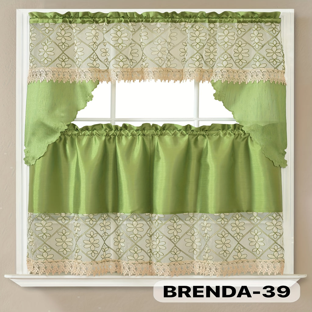 3pcs Embroidery Kitchen Curtains Set Flowers Embroidery Satin Fabric Faux Lightweight Soft Easy Care Machine Washable 49 Design Styles Available Holiday Gifts for Family Local Warehouse All Season Use Summer