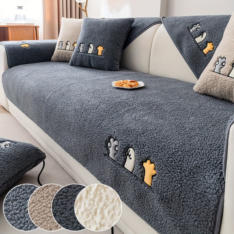 1pc Plush Thick Shearling Sofa Cover with Cute Animal & Bone Embroidery - Pet-Friendly, Non-Slip Couch Protector for All Sofa Sizes from Single to Four-Seater - Soft, Warm Decor for Living Room, Bedroom, Office, Sofa Covers for Living Room
