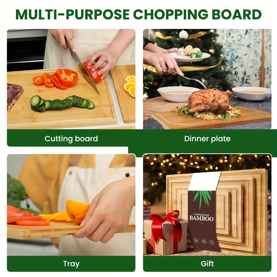 4pcs of Oversized Bamboo Chopping Board Set with Juice Tank Design, Suitable for Durable Chopping Boards for Meat, Vegetables and Fruits. Mother's Day/ Father's Day Gifts, Essential Kitchen Tools for Family and Friends., Fruit Slicing, Oversized