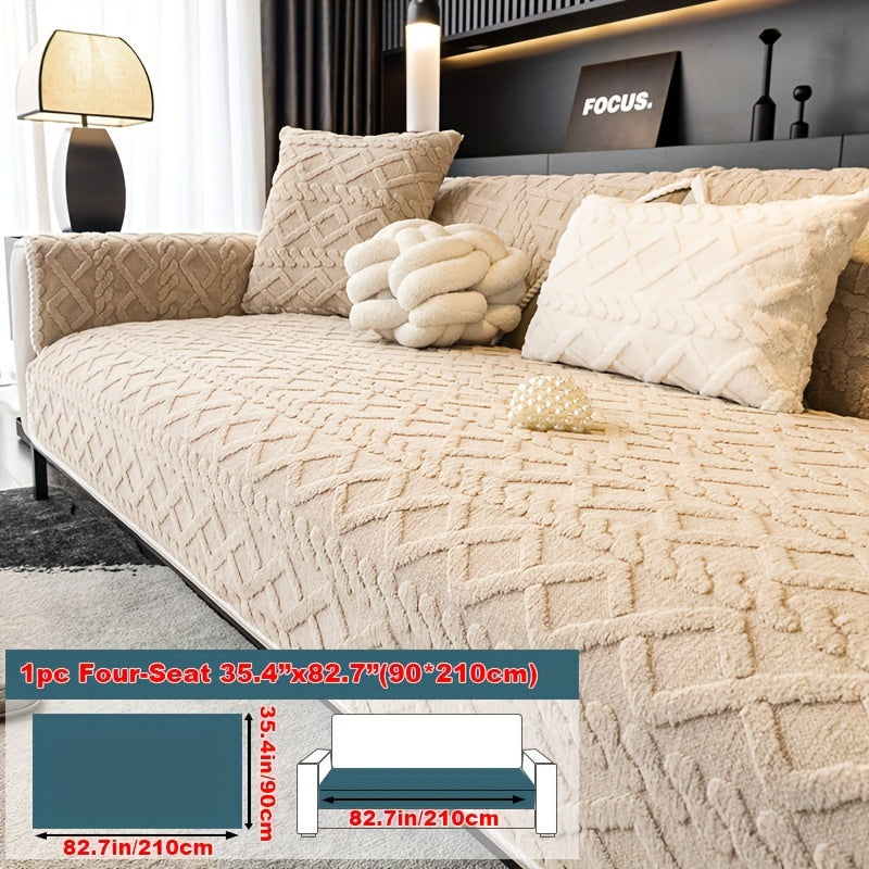 1pc Plush Sofa Mat, Polyester Shu Velveteen Jacquard Knit Fabric Couch Cover, 200-250 g/㎡, Separate Seating Modern Style, Machine Washable Anti-Slip Protection, for Bedroom Office Living Room Home Decoration