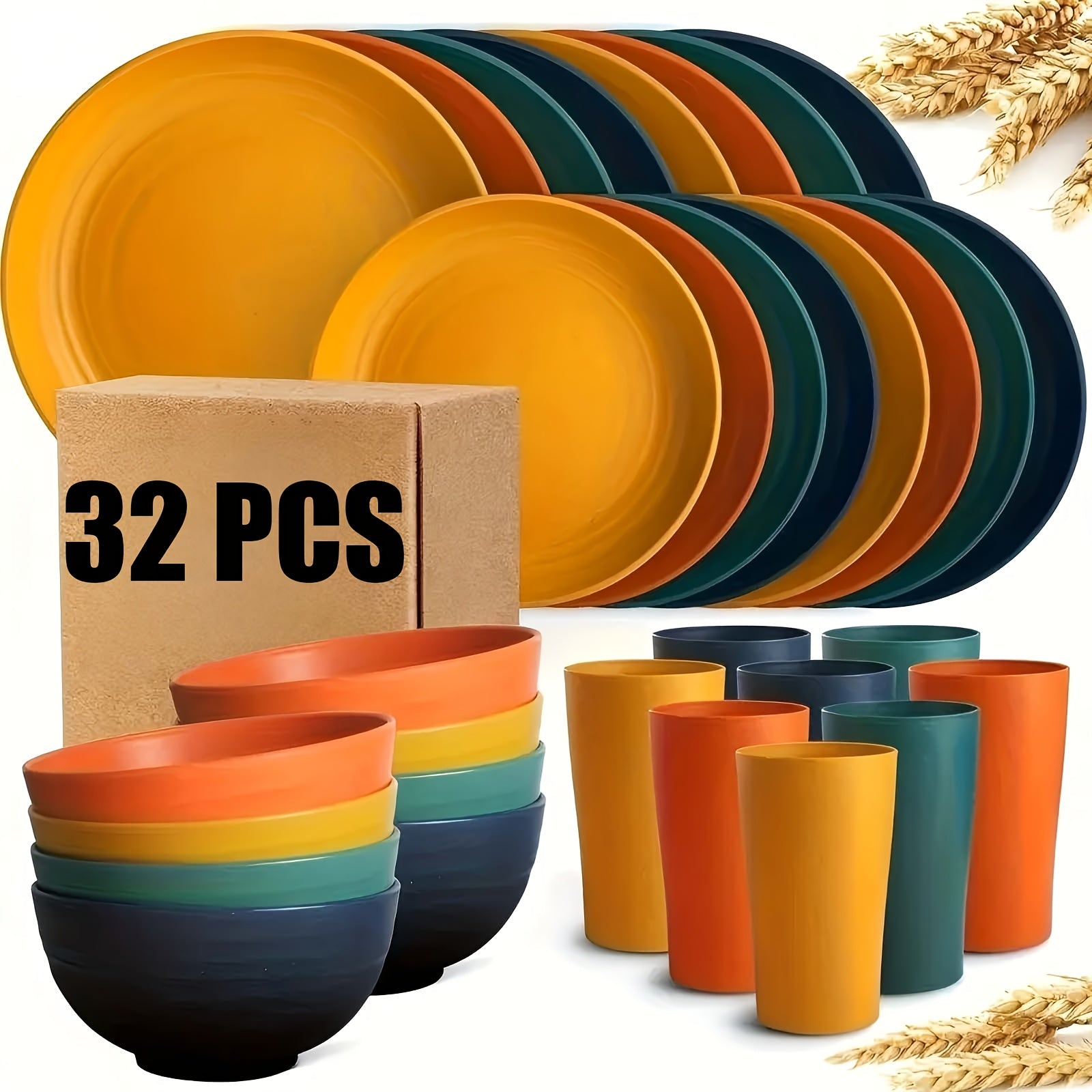 16pcs/32pcs Kitchen Wheat Straw Large Size Dinnerware Set, for 4/8, Unbreakable Modern Dish Set Dinner Plate/Dessert Plate/Cereal Bowl/Cup, Dishwasher Safe, Lightweight Tableware, Camping And Everyday Use, Gifts for Men/Women/Christmas/Halloween