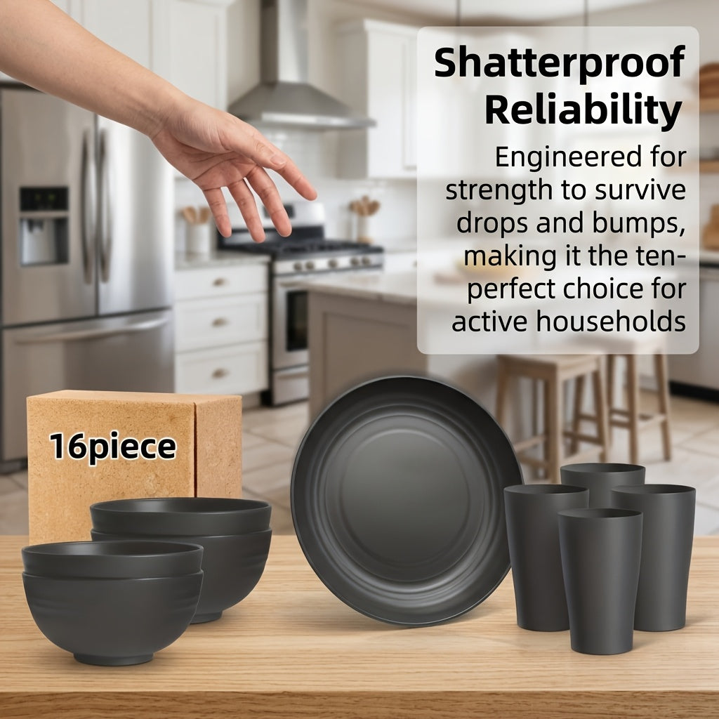 Brczuo 16/32pcs Kitchen Plastic Wheat Straw Tableware Set, 4/8 People, Plates, Dessert Plates, Cereal Bowls, Cups, Unbreakable Black Plastic Outdoor Camping Tableware, Kitchen Accessories, Black Wheat Straw Tableware, Halloween, Weddings